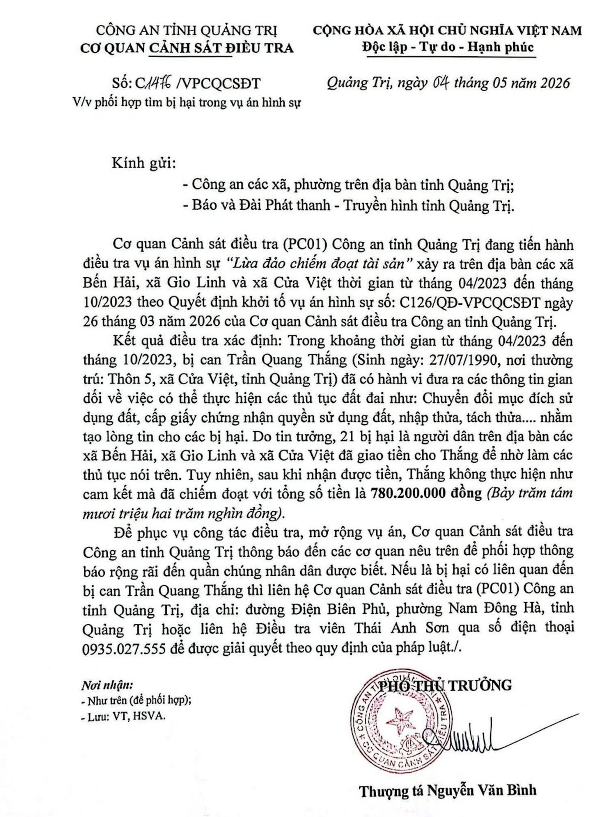 Thông báo của Cơ quan Cảnh sát điều tra Công an tỉnh Quảng Trị về việc phối hợp tìm người bị hại trong trong vụ án hình sự “Lừa đảo chiếm đoạt tài sản” do Trần Quang Thắng thực hiện. (Ảnh: Công an Quảng Trị)