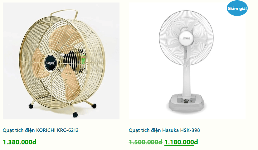 Nhiều loại quạt tích điện được giảm giá để hút khách. (Ảnh chụp màn hình)
