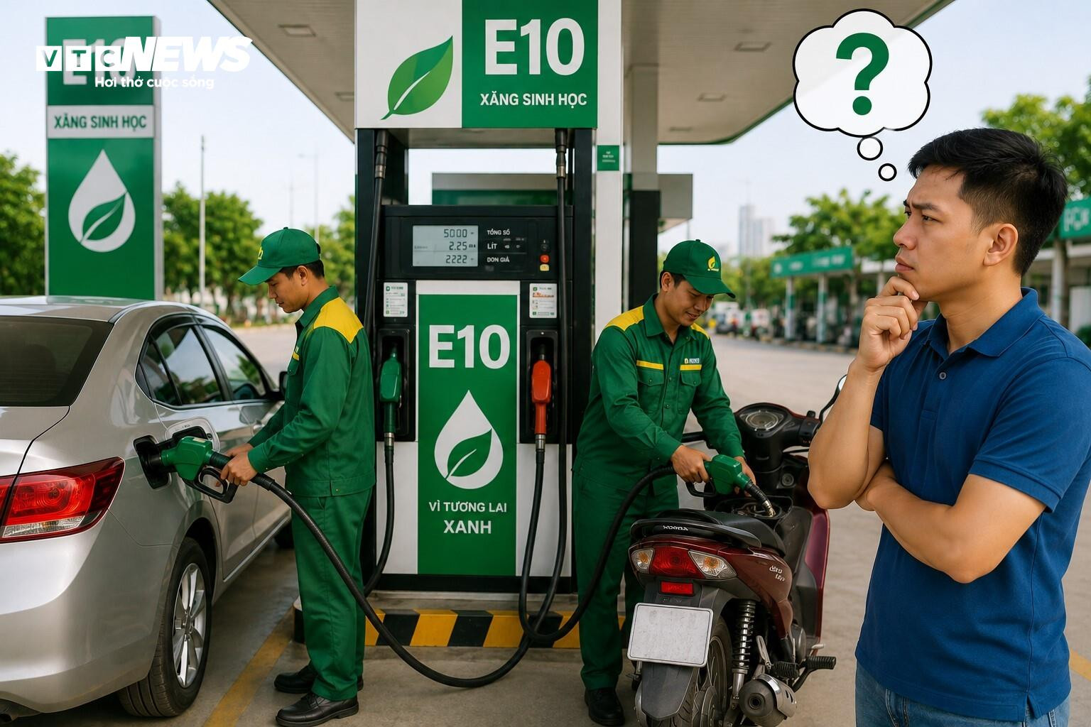 Nhiều câu hỏi về xăng E10 của chủ phương tiện được Bộ Công Thương giải đáp. (Ảnh: AI)