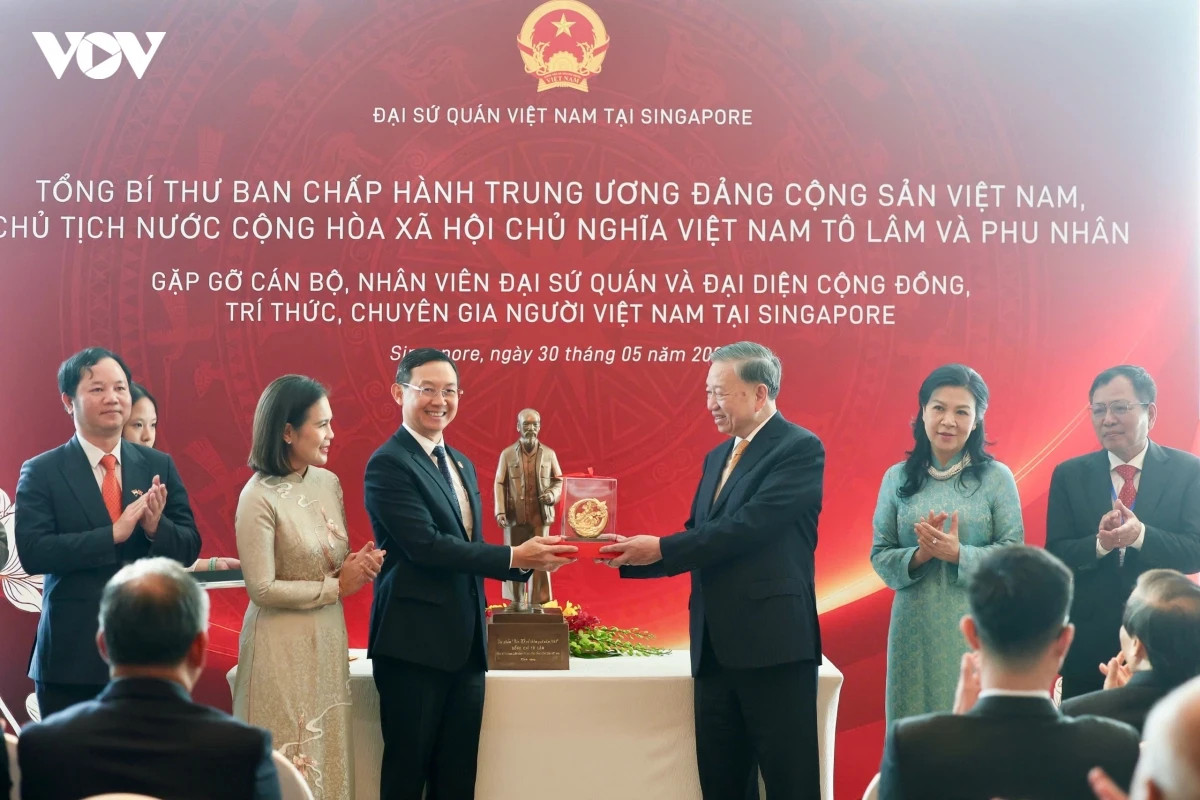 tong bi thu, chu tich nuoc to lam va phu nhan gap go can bo, nhan vien Dsq va dai dien cong dong nguoi viet o singapore hinh anh 1