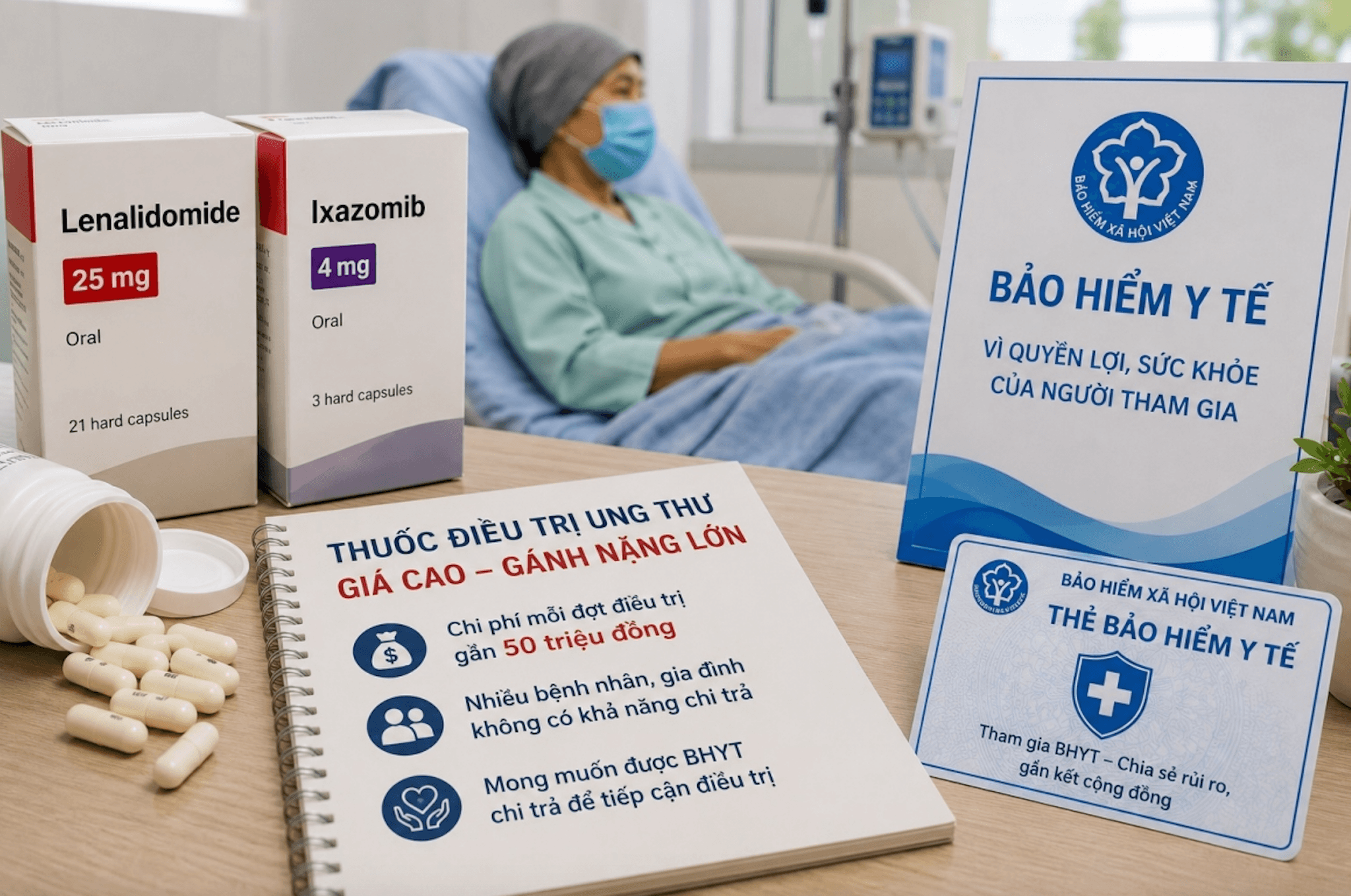 Mỗi đợt điều trị bằng các loại thuốc trên có chi phí gần 50 triệu đồng, tạo gánh nặng tài chính rất lớn đối với gia đình. (Ảnh minh họa AI)