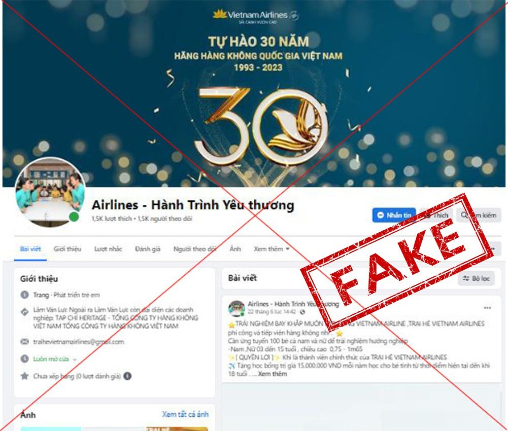 Một số trang mạng xã hội giả mạo Vietnam Airlines, sử dụng tên gọi và hình ảnh liên quan đến hàng không để quảng bá các chương trình trải nghiệm, hướng nghiệp và hoạt động dành cho trẻ em.