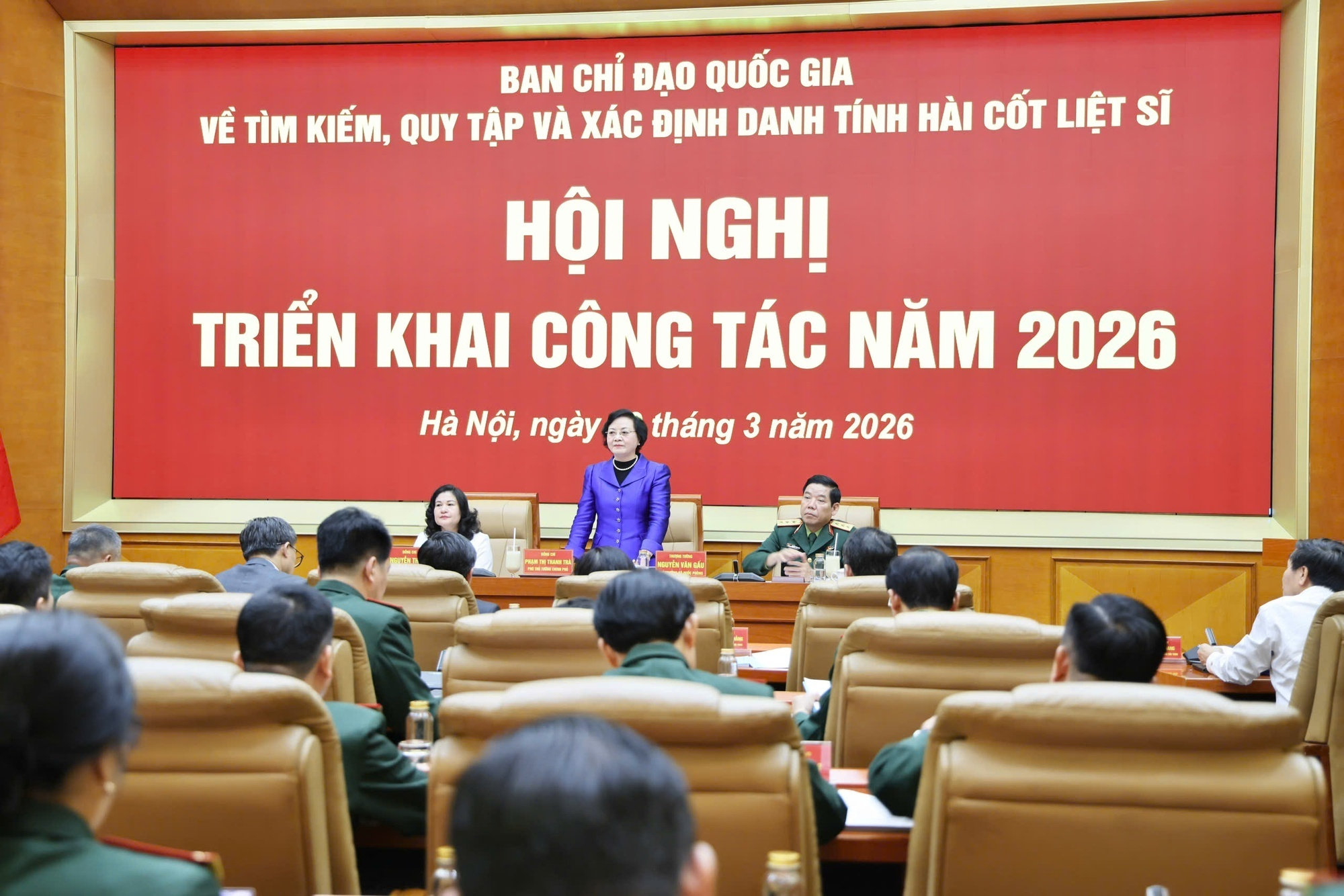 Phó Thủ tướng Phạm Thị Thanh Trà, Trưởng Ban Chỉ đạo quốc gia về tìm kiếm, quy tập và xác định danh tính hài cốt liệt sĩ, tại hội nghị triển khai công tác năm 2026 hồi tháng 3. (Ảnh: VGP)