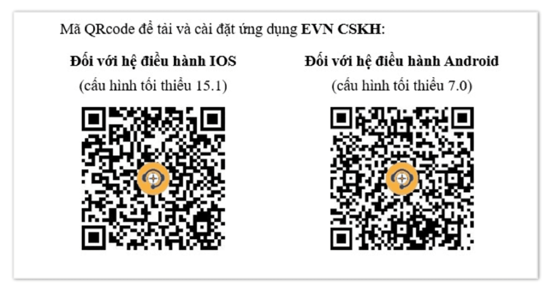 Khách hàng có thể quét mã QR để tải ứng dụng EVN CSKH từ các kho ứng dụng chính thức đối với các hệ điều hành iOS và Android.