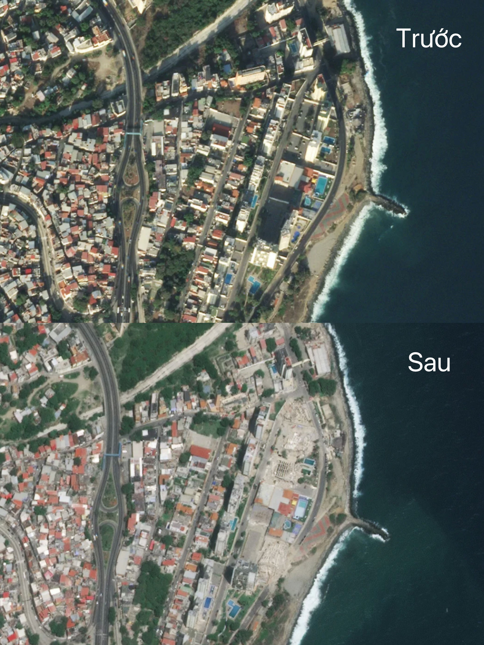 Thị trấn ven biển Macuto (Venezuela), trước và sau trận động đất. (Ảnh: Planet Labs PBC)