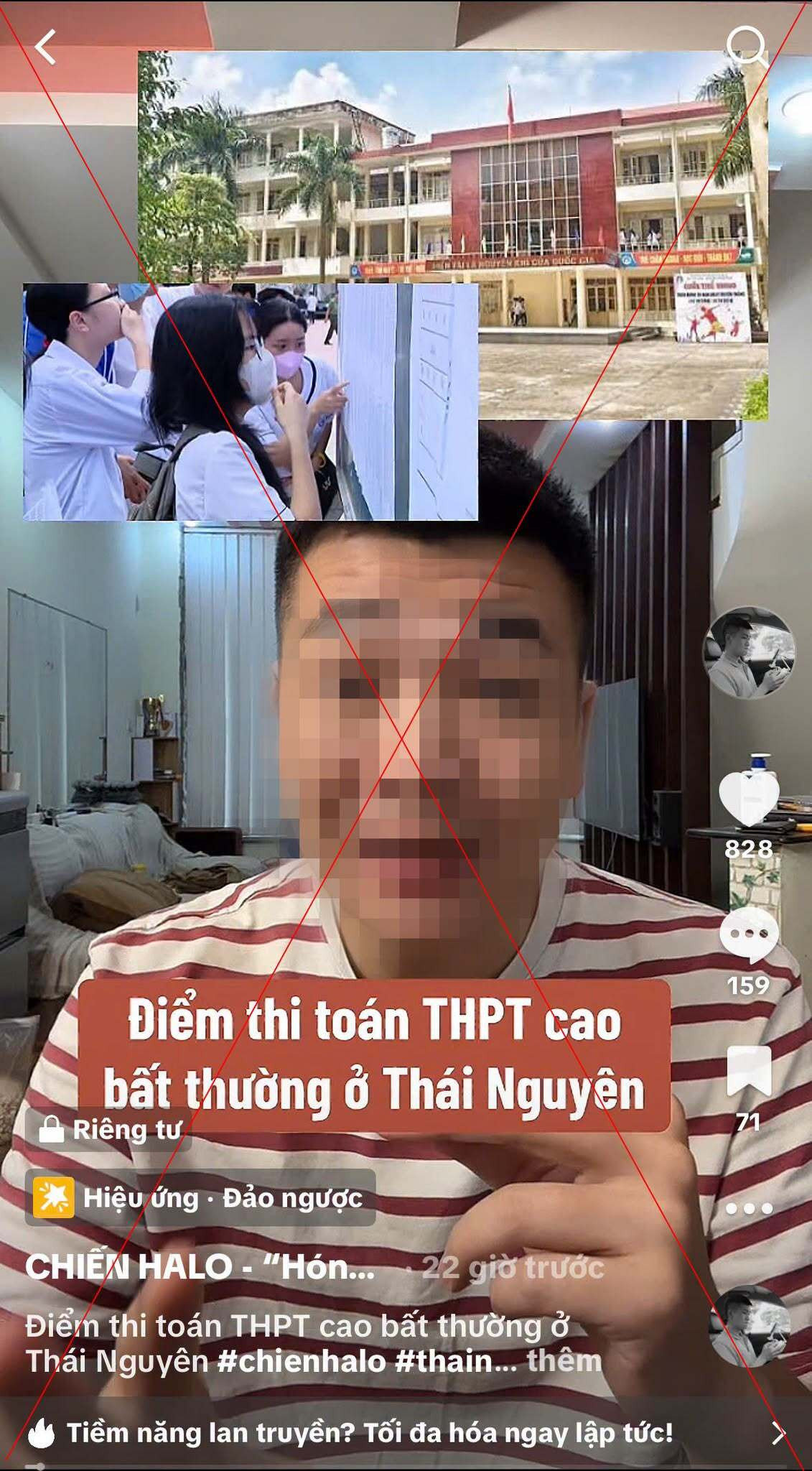 V.V.C thông tin không chính xác về điểm thi môn toán tại Thái Nguyên trên Tiktok. (Ảnh: Công an Thái Nguyên).