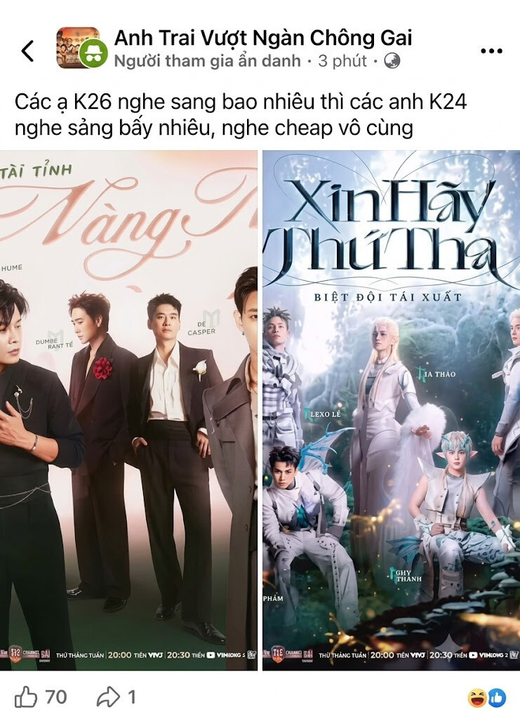 Nội dung bài đăng bị khán giả phản ứng mạnh mẽ về khâu duyệt nội dung. K24 là cách viết tắt để chỉ các nghệ sĩ từng tham gia mùa 1 của chương trình.
