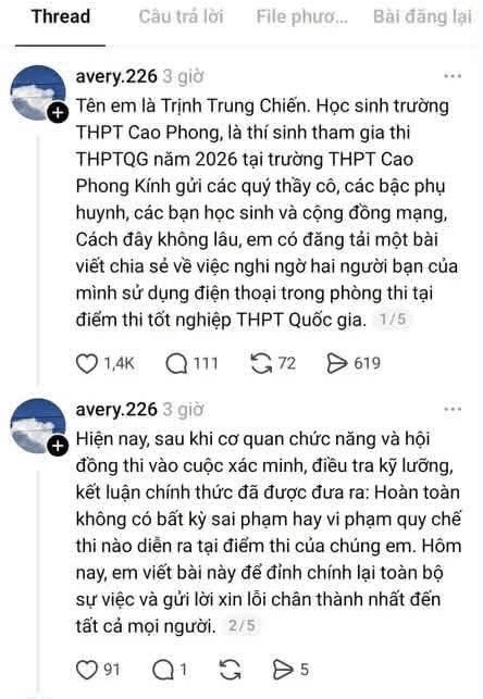 nam sinh phan anh gian lan thi cu o phu tho xin loi vi thong tin thieu can cu hinh anh 2