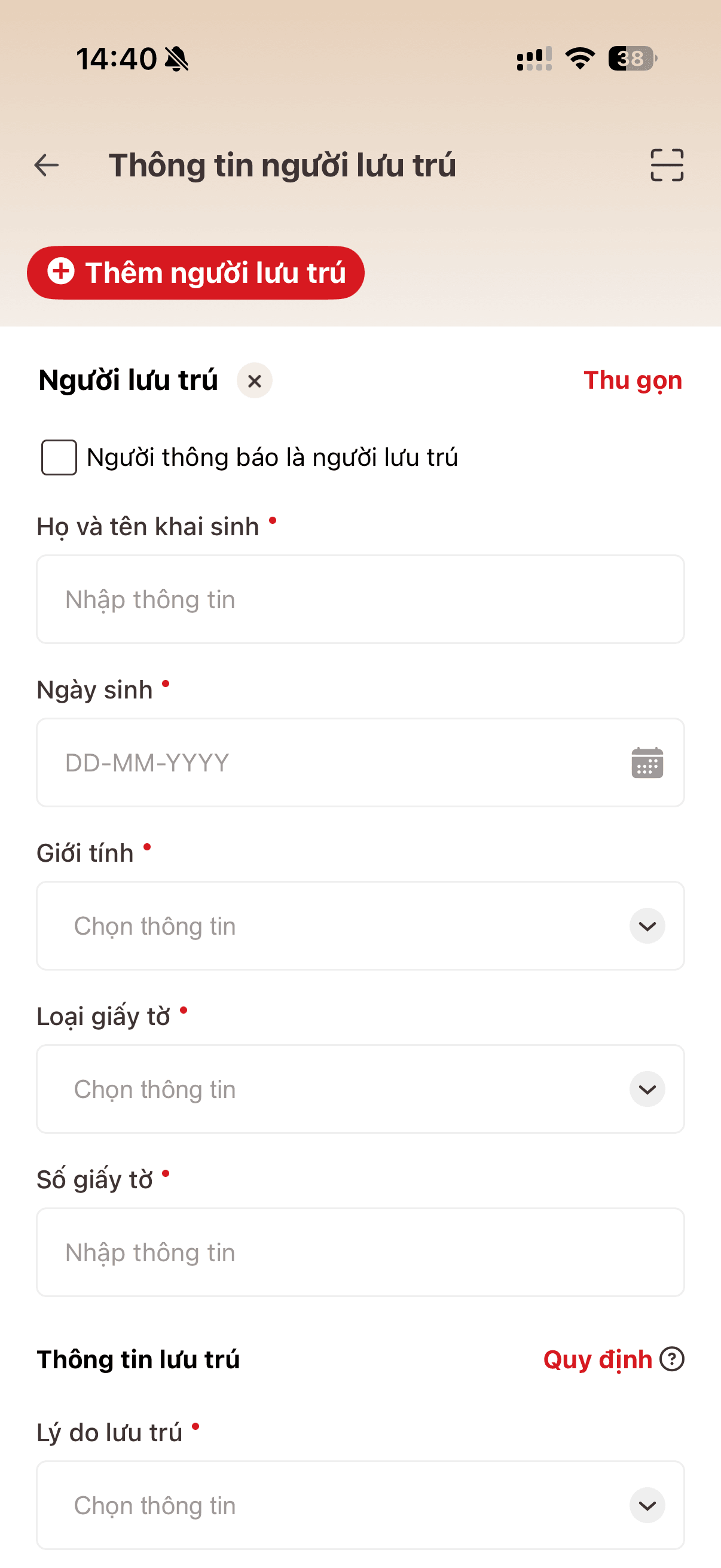 Bước 4: Tiếp theo đó, hệ thống sẽ chuyển sang giao diện khai báo thông tin của người lưu trú, Sau khi điền đầy đủ thông tin theo yêu cầu, hãy nhấn