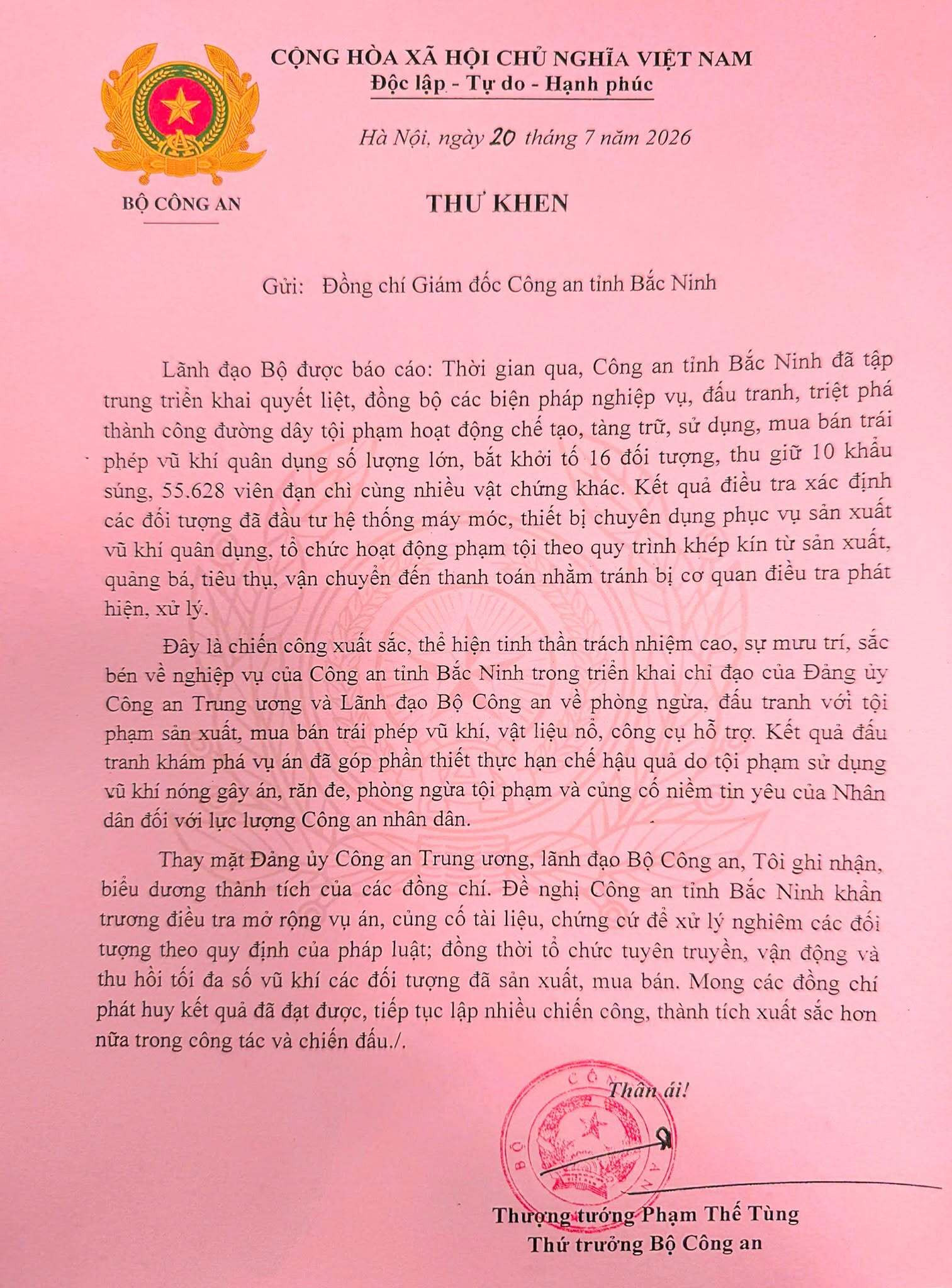 Bộ Công an gửi thư khen Công an Bắc Ninh.