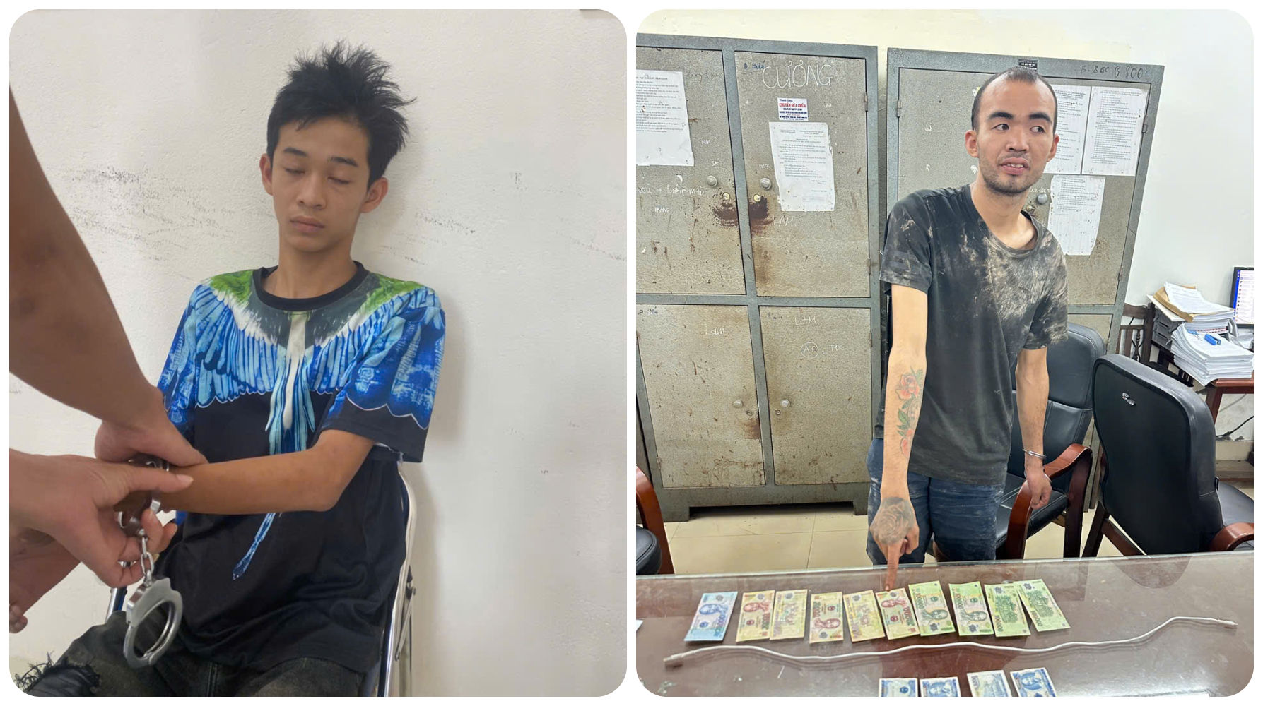 Cơ quan chức năng nhanh chóng truy bắt hai gã thanh niên thực hiện vụ cướp tài sản của tài xế ô tô tại xã Ân Thi, tỉnh Hưng Yên. (Ảnh: Công an Hưng Yên)