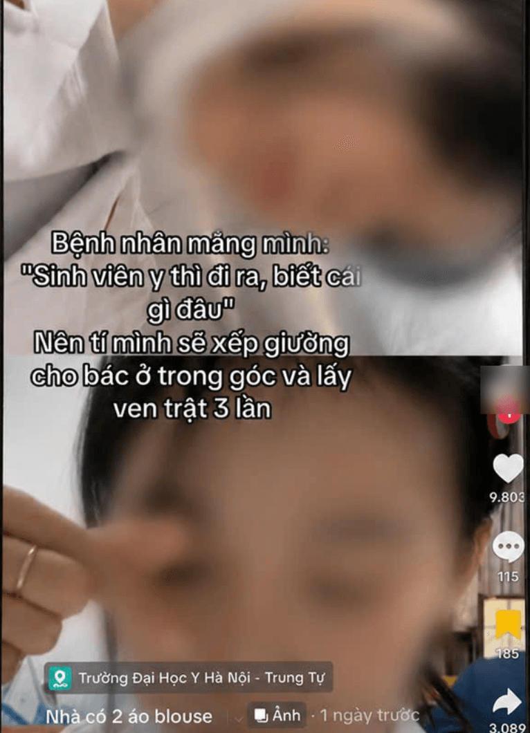 Ảnh chụp màn hình đoạn clip nữ sinh dọa “lấy trật ven 3 lần”, xếp giường “xấu” để trả đũa bệnh nhân gây bức xúc trên mạng xã hội.