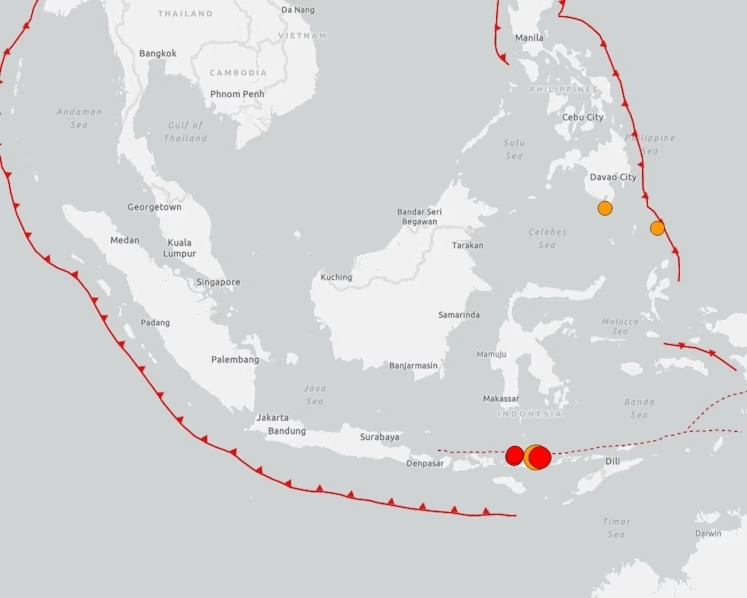 Trận động đất xảy ra ngoài khơi bờ biển Indonesia. (Ảnh: USGS)