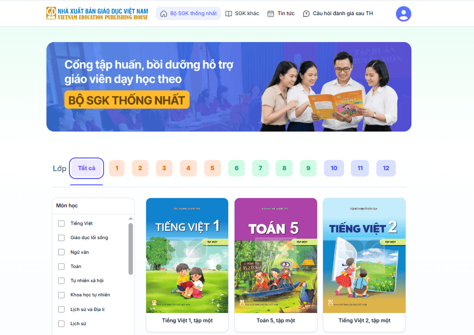 Giao diện website sách giáo khoa điện tử hoàn toàn miễn phí của NXB Giáo dục Việt Nam.