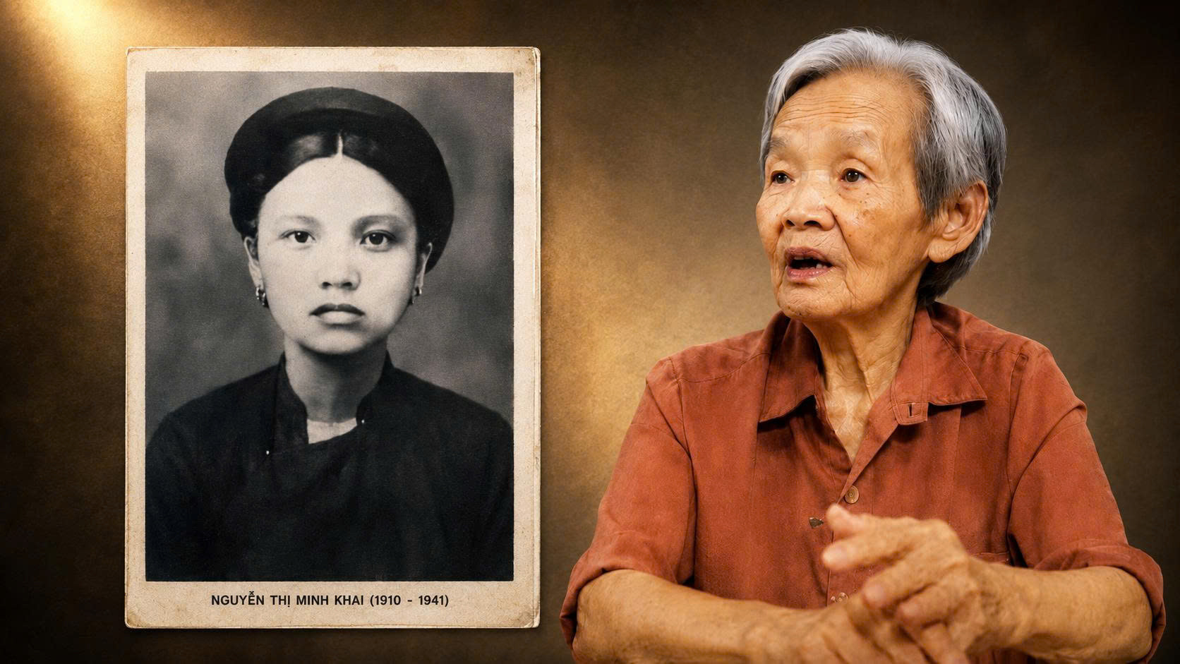 Bà Lê Nguyễn Hồng Minh và bức ảnh về mẹ - liệt sĩ Nguyễn Thị Minh Khai.