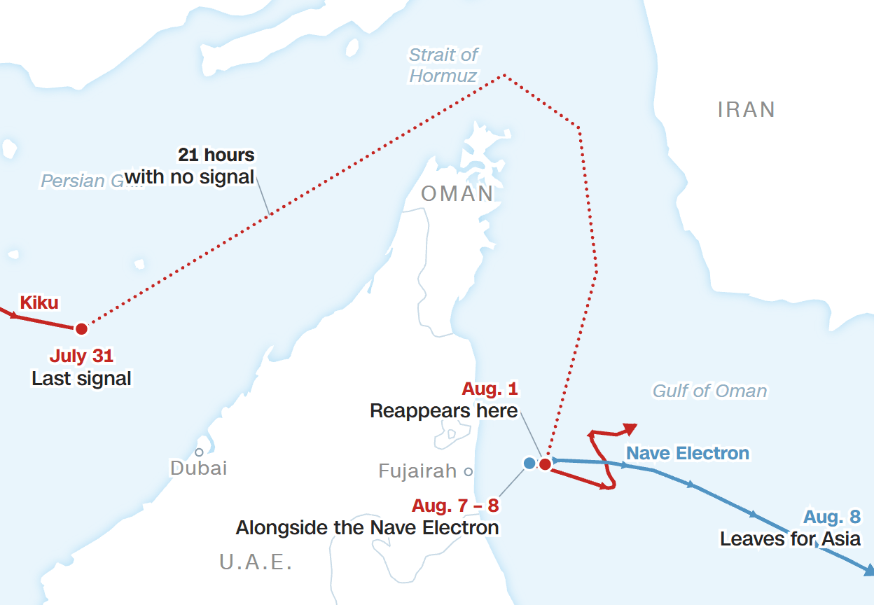 Hành trình của siêu tàu chở dầu Kiku bí mật vượt qua eo biển Hormuz. (Ảnh: Maritime Traffic)