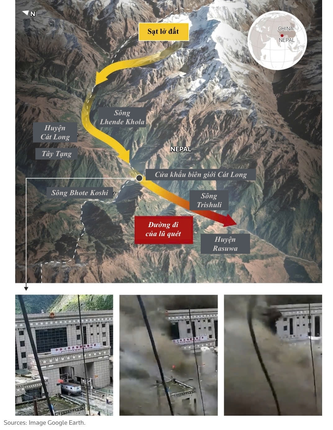 Hình ảnh minh hoạ đường đi của lũ quét. (Nguồn: Reuters. Google Earth)
