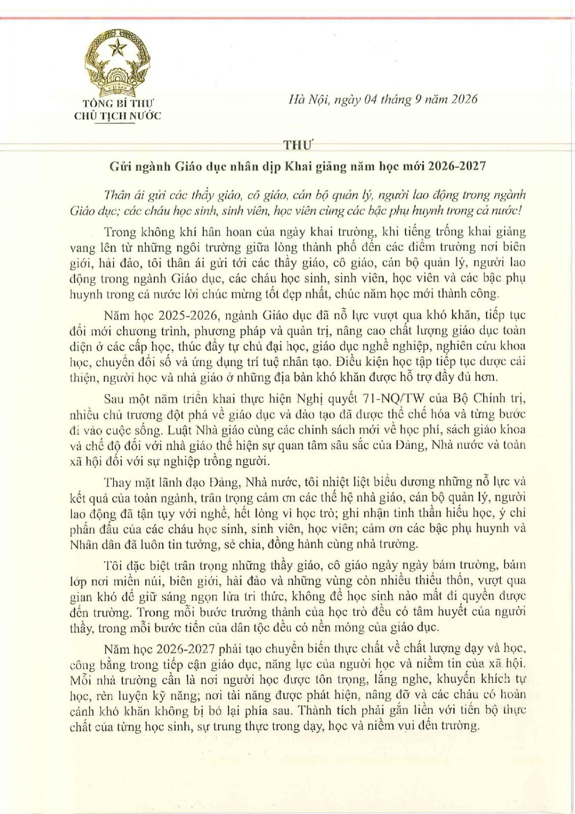 thu cua tong bi thu, chu tich nuoc to lam gui nganh giao duc nhan dip khai giang hinh anh 1