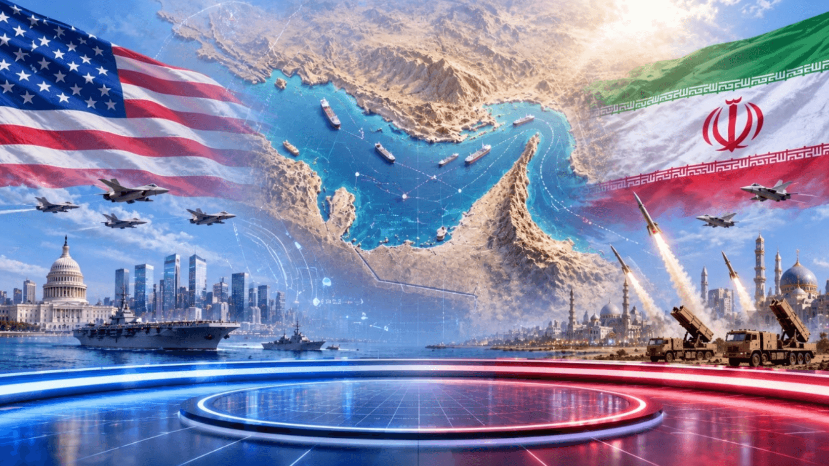 Đối đầu Mỹ - Iran tại Hormuz. (Đồ họa minh họa: ChatGPT)