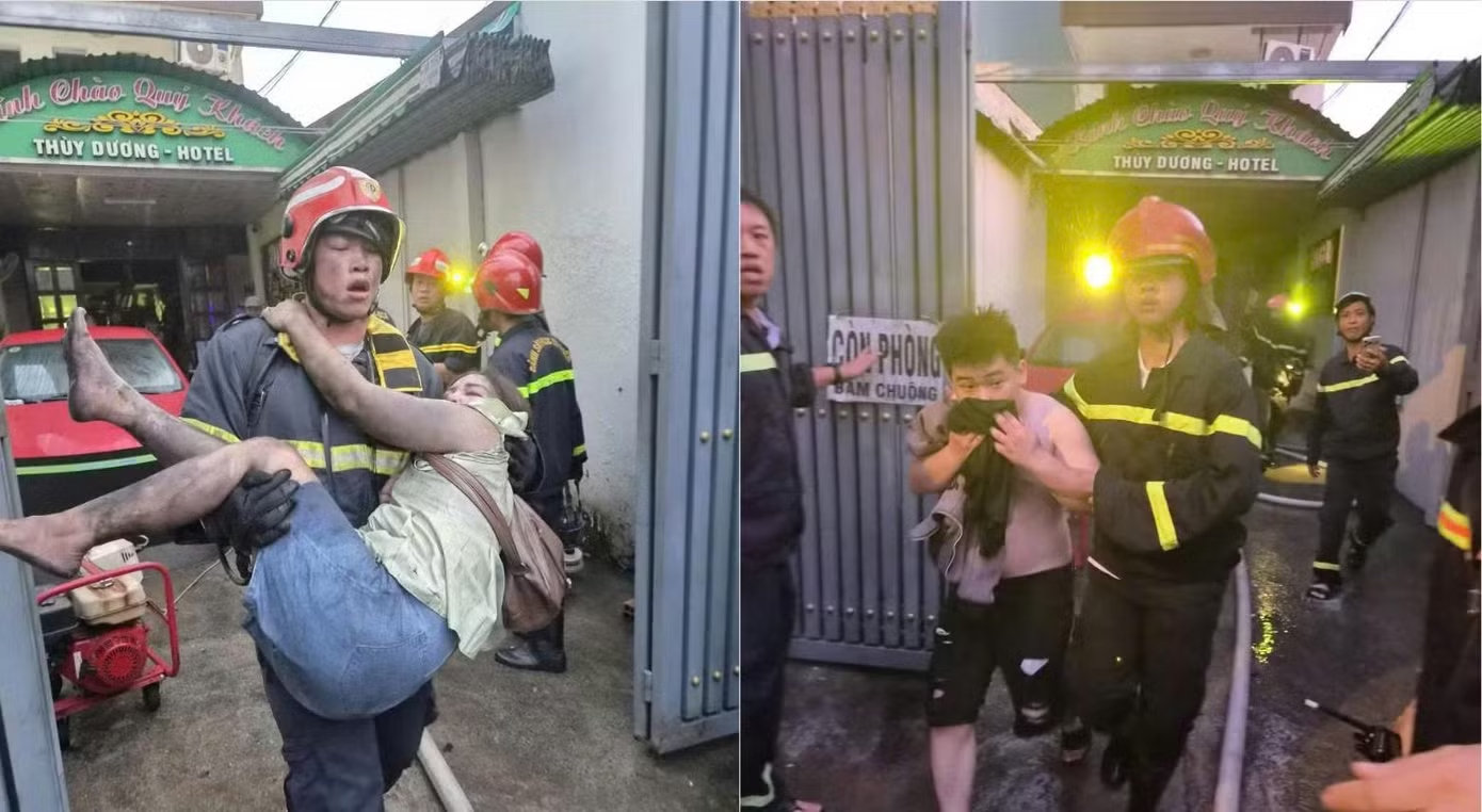 Nạn nhân vụ cháy khách sạn Thuỳ Dương được giải cứu ra ngoài.