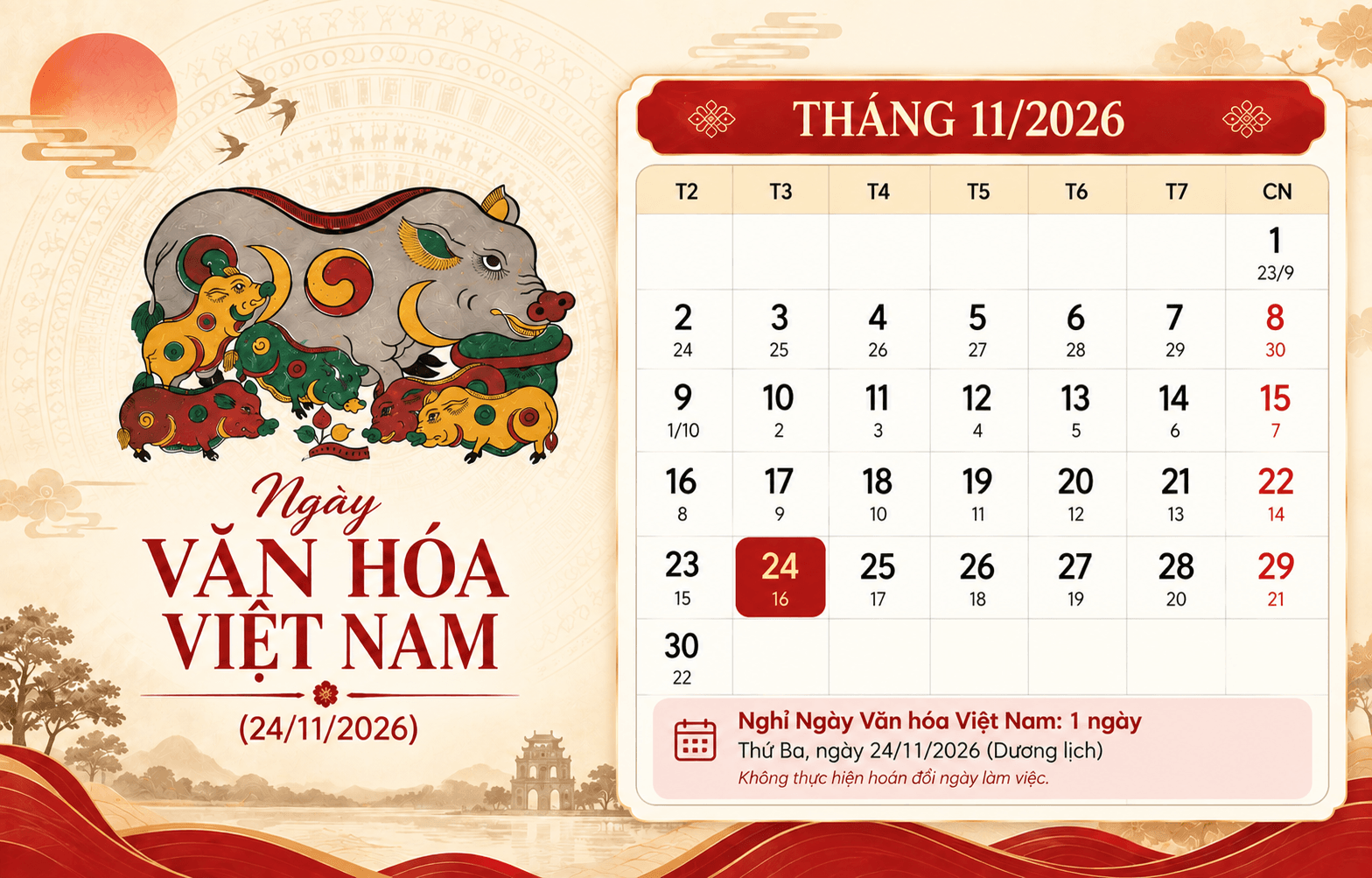 Ngày Văn hóa Việt Nam năm 2026, công chức, viên chức, người lao động được nghỉ 1 ngày. (Ảnh: AI)