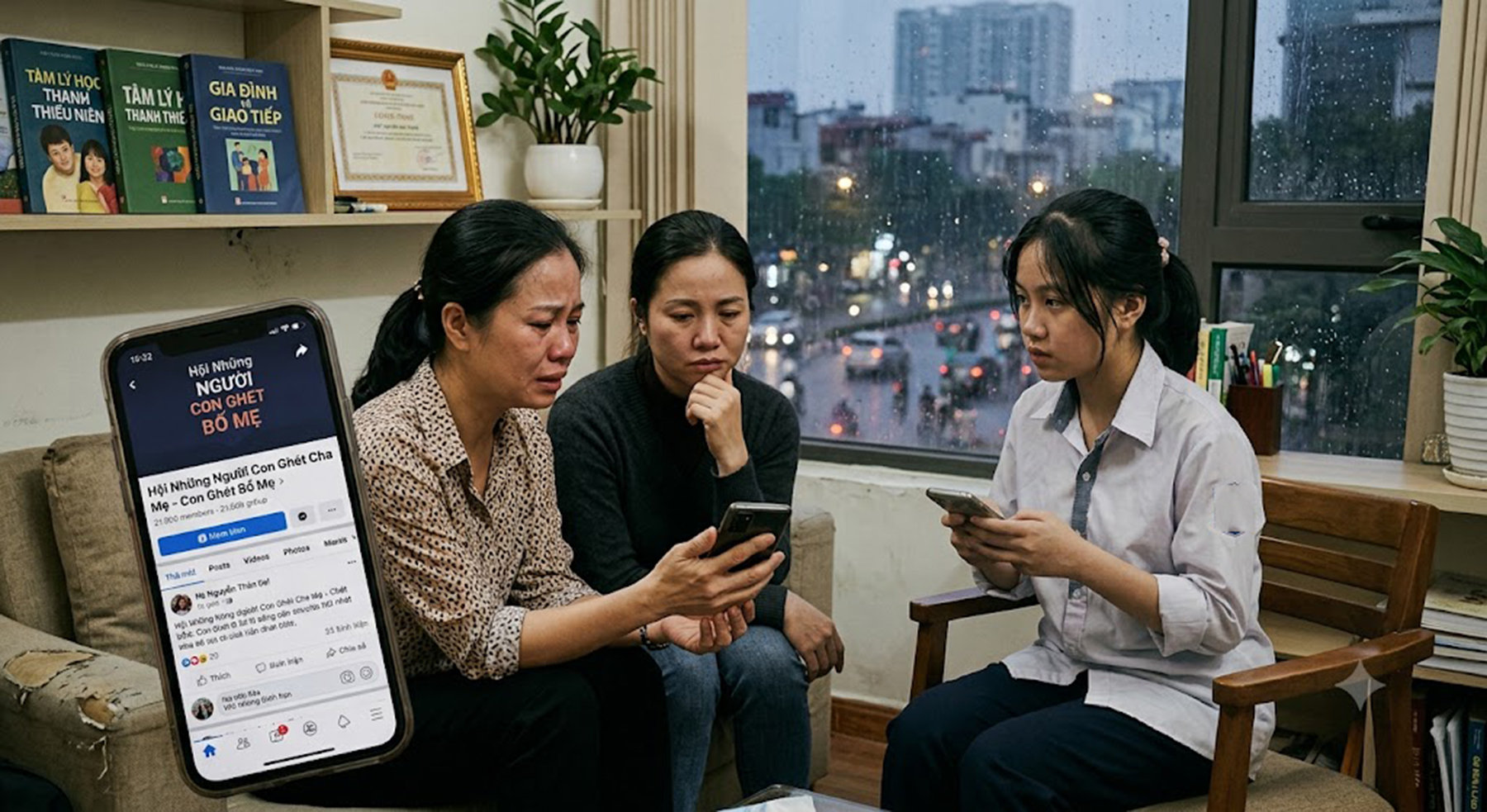 Mẹ ở Hà Nội đứng ngồi không yên khi thấy các hội nhóm ‘ghét bố mẹ’. (Ảnh minh họa; AI)