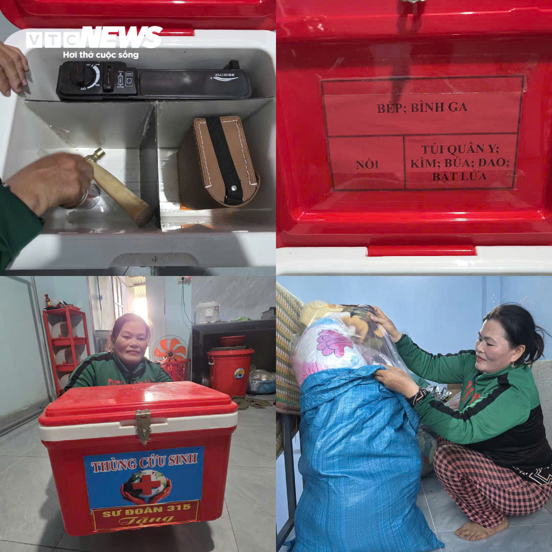 Chị Lê Thị Kim Đơn (48 tuổi) cẩn thận kiểm tra chiếc thùng cứu sinh được bộ đội Quân khu 5 tặng, chị Đơn cho biết bên trong vẫn còn đèn pin, bếp lửa, thuốc men và các vật dụng thiết yếu được chia thành từng ngăn. “Nhà tôi giữ rất kỹ. Lỡ nước lên nhanh như năm ngoái thì lấy ra là dùng được ngay. Đồ cần thiết bỏ chung một chỗ nên lúc có chuyện rất tiện”, chị Đơn nói.