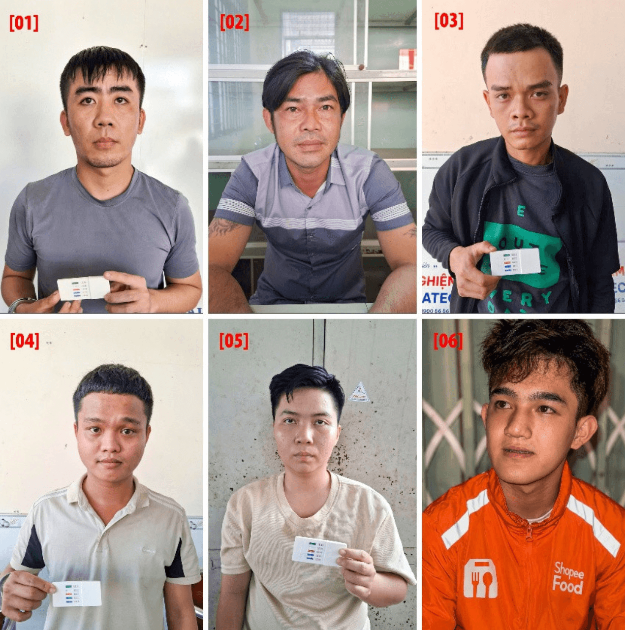 6 đối tượng Thanh, Cường, Khải, Định, Thảo và Nguyễn Đức Cường. (Ảnh: Công an TP Cần Thơ)