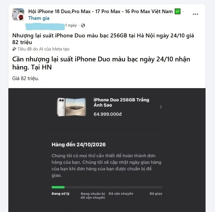 Một bài đăng chuyển nhượng lại iPhone Duo giá 64,9 triệu đồng với giá 82 triệu được đăng tải trên một hội nhóm về iPhone. (Ảnh chụp màn hình)