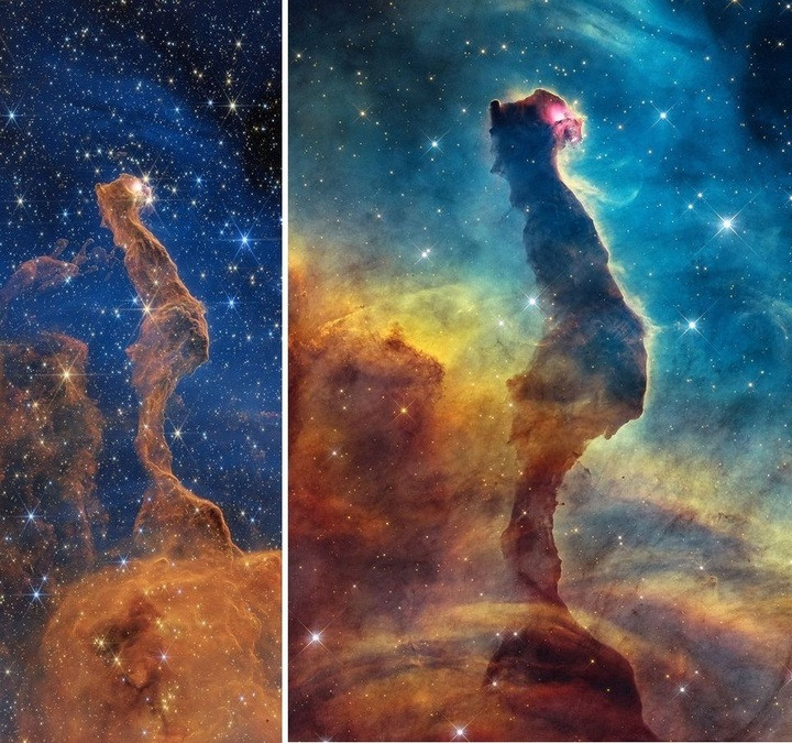 Hình ảnh tinh vân Đầu Mèo ghi lại bởi kính viễn vọng James Webb (trái) và Hubble (phải). (Ảnh: NASA)