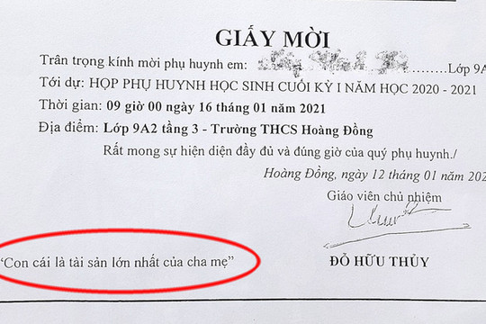 Ghi giấy mời 'con cái là tài sản lớn nhất của cha mẹ', thầy giáo bị nhắc nhở