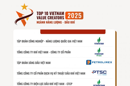 Petrovietnam và 7 đơn vị thành viên trong Top 10 Doanh nghiệp tạo giá trị hàng đầu Việt Nam 2025, ngành Năng lượng – Dầu khí