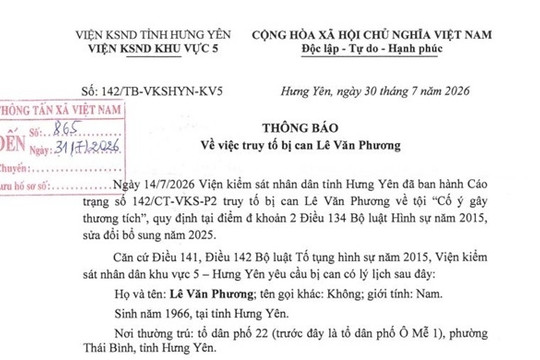 Truy tố bị can Lê Văn Phương về tội cố ý gây thương tích
